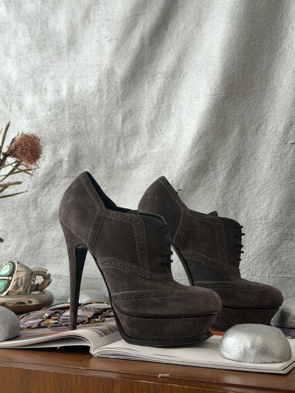 Yves Saint Laurent Dark Brown/Grey Suede Lace-Up Platform Heels